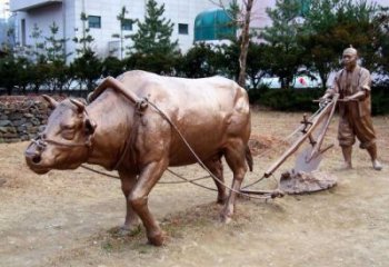 農(nóng)耕牛雕塑廠家 仿銅色效果 不銹鋼農(nóng)耕牛雕塑定制