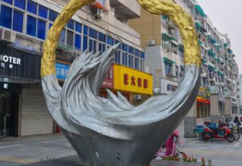 幾何魚跨環(huán)雕塑廠家 中式創(chuàng)意擺件 戶外現(xiàn)代魚跨環(huán)雕塑