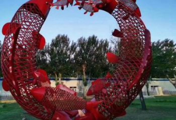 鏤空魚跨環(huán)雕塑廠家 現(xiàn)代抽象擺件 戶外切面魚跨環(huán)雕塑