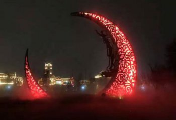 公園月亮雕塑效果圖，噴砂發(fā)光雕塑，鍛造工藝制作