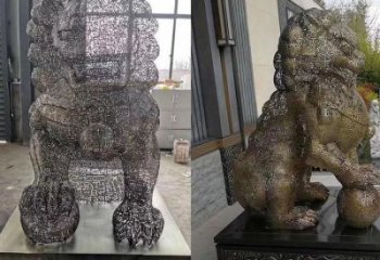 編織獅子雕塑定價，透雕動物雕塑，鏤空不銹鋼獅子雕塑