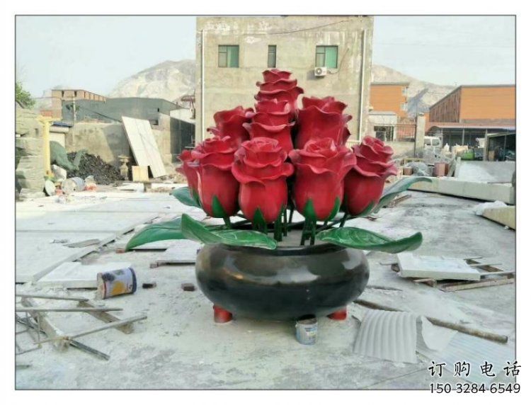 玫瑰花雕塑定做廠家，村標(biāo)概念，廣場(chǎng)不銹鋼玫瑰花雕塑