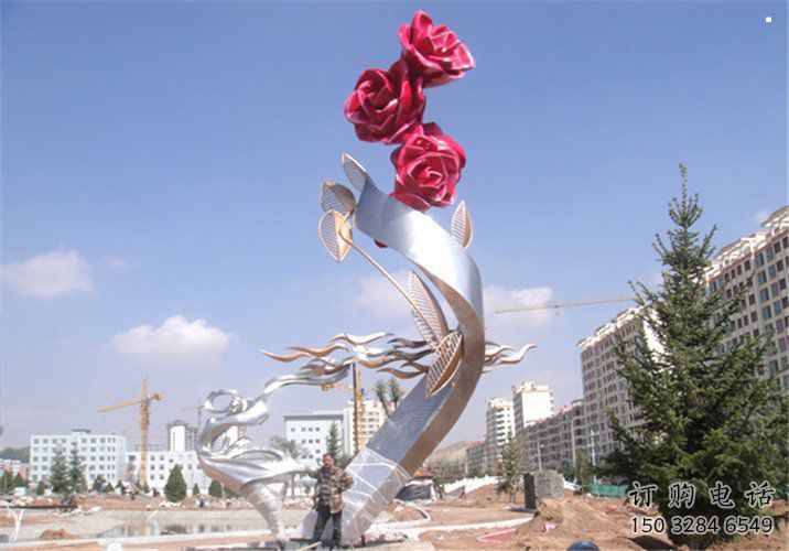 烤漆月季雕塑承接，美陳雕塑，月季花朵雕塑廠家