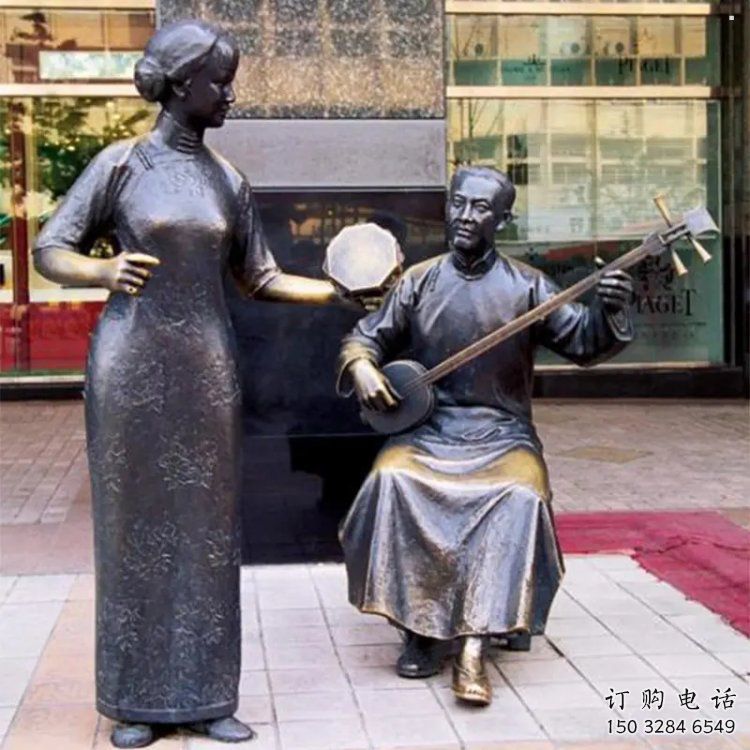 拉二胡雕塑觀賞型，公園小品，別墅民俗人物雕塑生產(chǎn)商