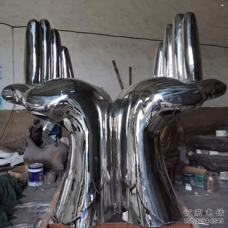 雙手雕塑廠家，酒店擺件，鏡面不銹鋼雙手雕塑訂做