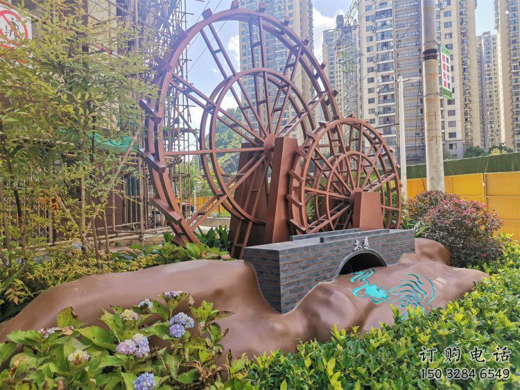 水車雕塑選用，小區(qū)擺件，大型水車雕塑公司