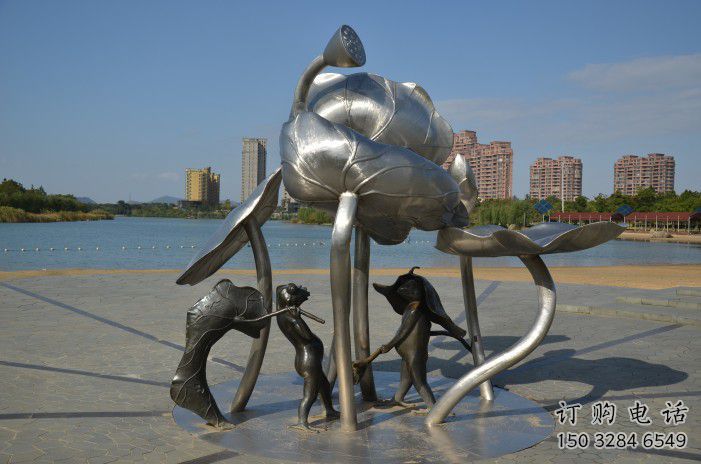 深圳蓮蓬嬉戲雕塑，城市植物景觀雕塑，不銹鋼鏡面效果