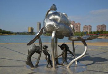 建鄴蓮蓬嬉戲雕塑，城市植物景觀雕塑，不銹鋼鏡面效果