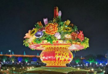 街道花籃雕塑，鍛造景觀雕塑，古銅效果